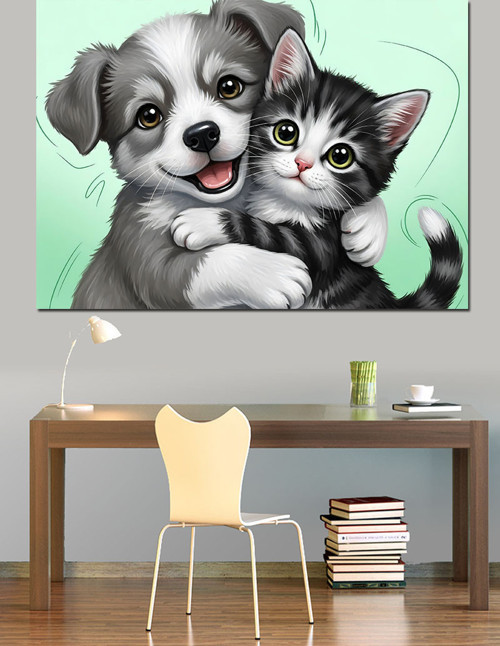 Sarılan Kedi Ve Köpek Dekoratif Kanvas - Mdf Ahşap Tablo