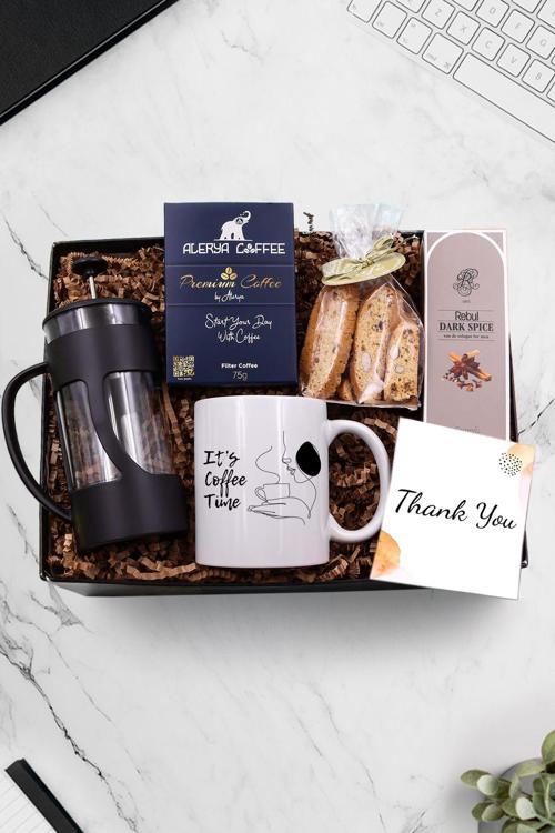 Kupa & Siyah French Press & Alerya Filtre Kahve & Rebul Kolonya & Bademli Kurabiye Hediye Seti