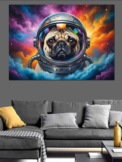 Astronot Başlıklı Köpek Portresi Dekoratif Kanvas - Mdf Ahşap Tablo