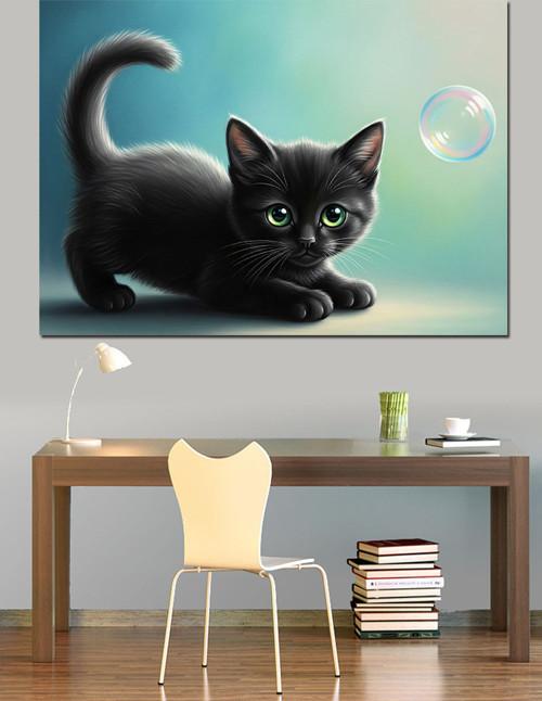 Baloncuklu Siyah Kedi Dekoratif Kanvas - Mdf Ahşap Tablo