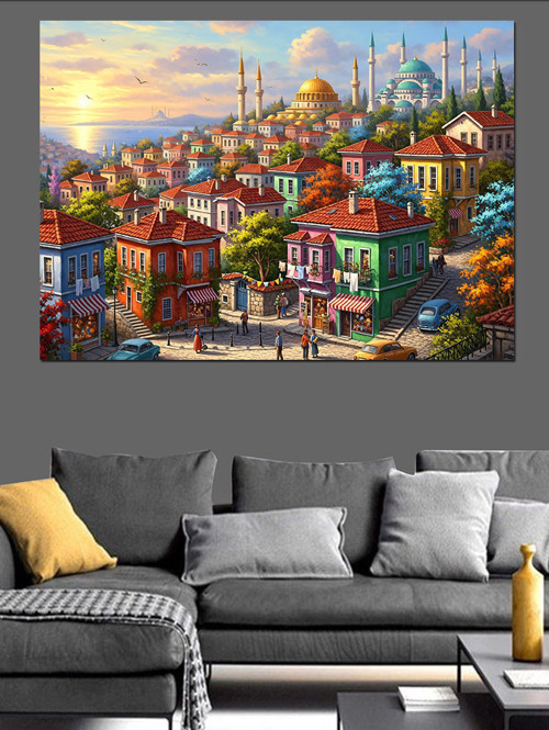 Renkli Sahil Kasabası Evleri Dekoratif Kanvas - Mdf Ahşap Tablo
