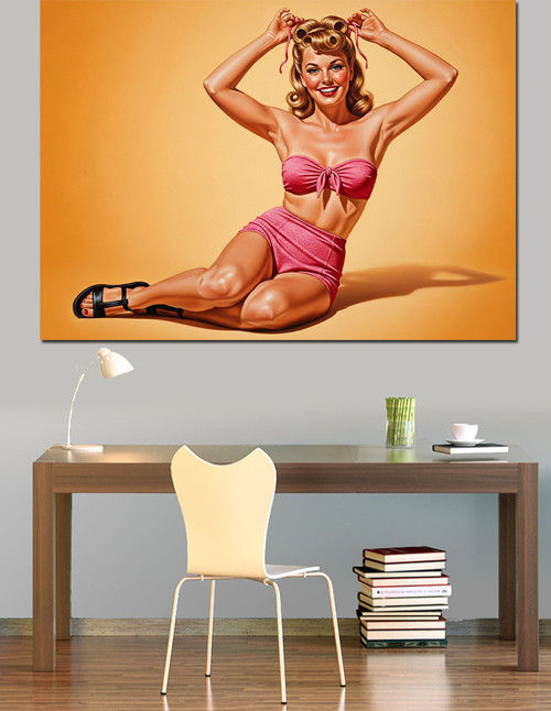 Pembe Bikinili Pin Up Kızı Dekoratif Kanvas - Mdf Ahşap Tablo