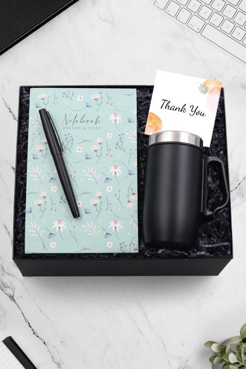 Yeşil Çiçekli Defter & 280 Ml Kulplu Siyah Çelik Termos & Siyah Mat Kalın Roller Kalem Hediye Seti
