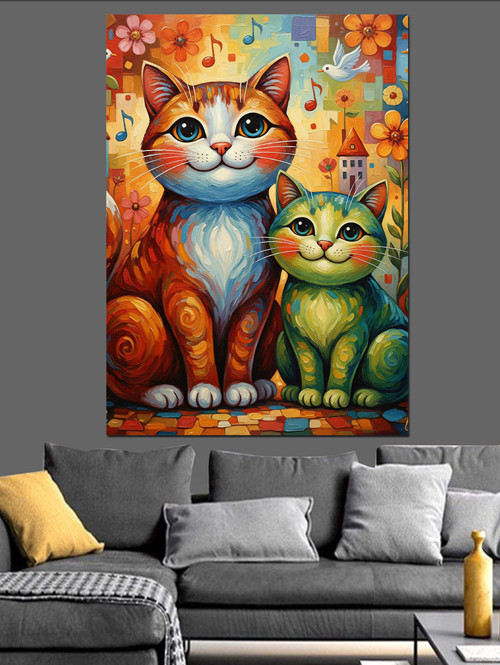 Boyalı İki Kedi Çizimi Dekoratif Kanvas - Mdf Ahşap Tablo
