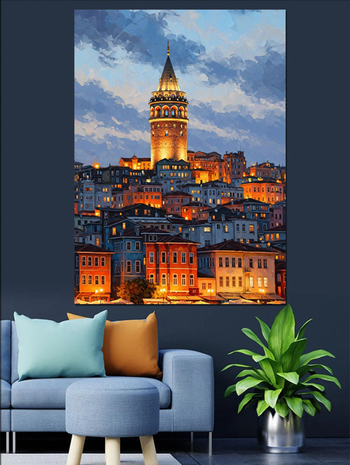 Işıklı Galata Kulesi Manzarası Dekoratif Kanvas - Mdf Ahşap Tablo