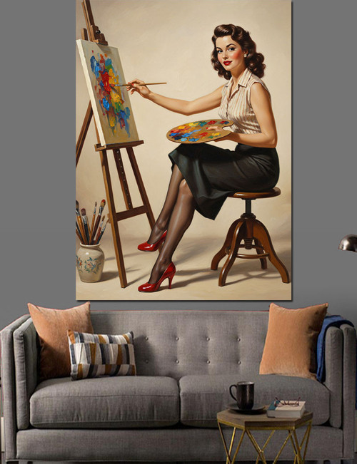 Ressam Kadın Fırça Boya Dekoratif Kanvas - Mdf Ahşap Tablo