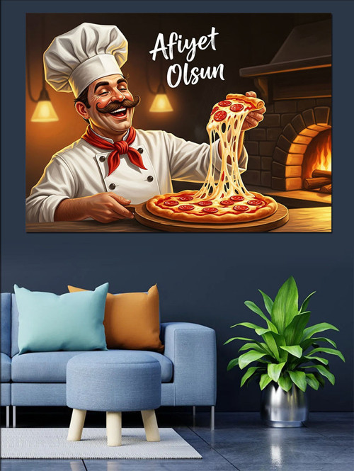 Şef Mutlu Pizza Tutuyor Dekoratif Kanvas - Mdf Ahşap Tablo