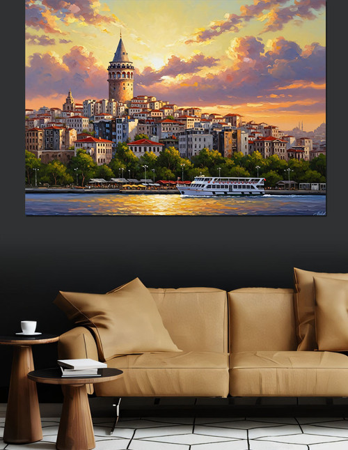 Galata Kulesi Günbatımı Manzarası Dekoratif Kanvas - Mdf Ahşap Tablo