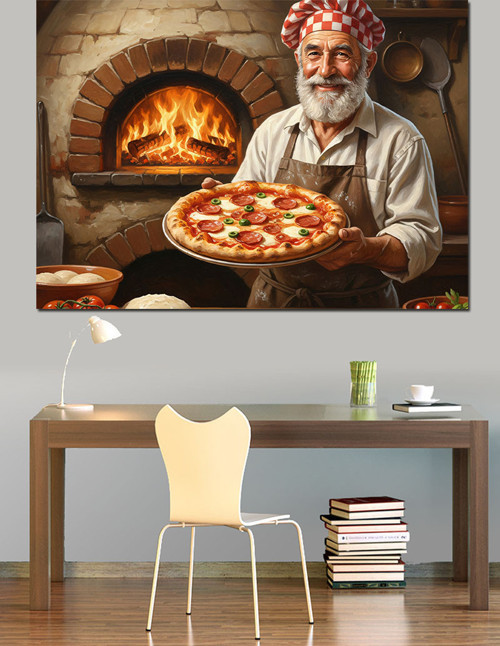Pizza Yapan Yaşlı Fırıncı Dekoratif Kanvas - Mdf Ahşap Tablo