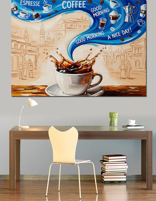 Espresso Kahve Mavi Sıçraması Sanat Dekoratif Kanvas - Mdf Ahşap Tablo