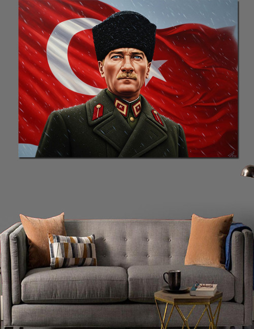 Türk Bayrağı Ve Mustafa Kemal Atatürk Dekoratif Kanvas - Mdf Ahşap Tablo