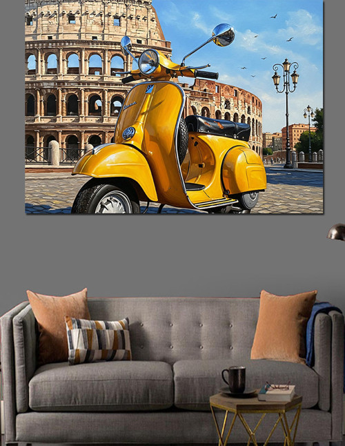 Sarı Vespa Scooter Parkta Dekoratif Kanvas - Mdf Ahşap Tablo