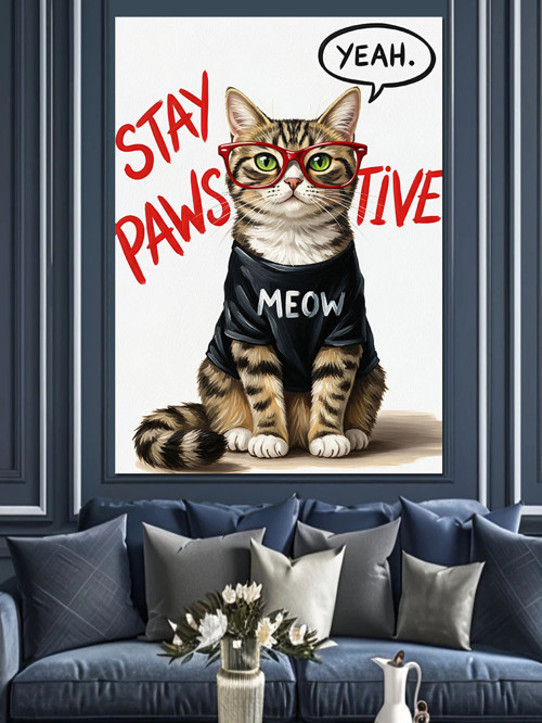 Gözlüklü Kedi Yazılı Poster Dekoratif Kanvas - Mdf Ahşap Tablo
