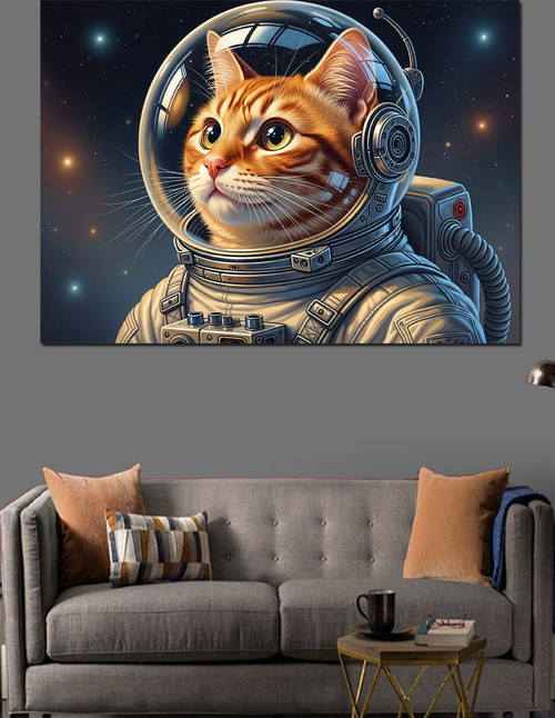 Astronot Kedi Çizimi Dekoratif Kanvas - Mdf Ahşap Tablo