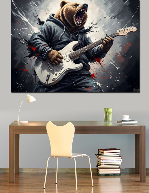 Gitar Çalan Ayı Müzisyen Dekoratif Kanvas - Mdf Ahşap Tablo