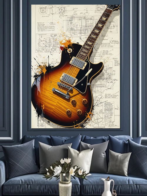 Elektro Gitar Müzik Notaları Dekoratif Kanvas - Mdf Ahşap Tablo