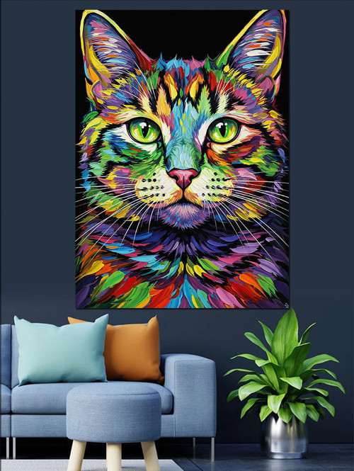 Renkli Psychedelic Kedi Yüzü Dekoratif Kanvas - Mdf Ahşap Tablo