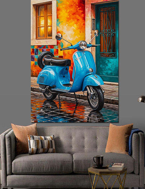 Mavi Scooter Sokak Manzarası Dekoratif Kanvas - Mdf Ahşap Tablo