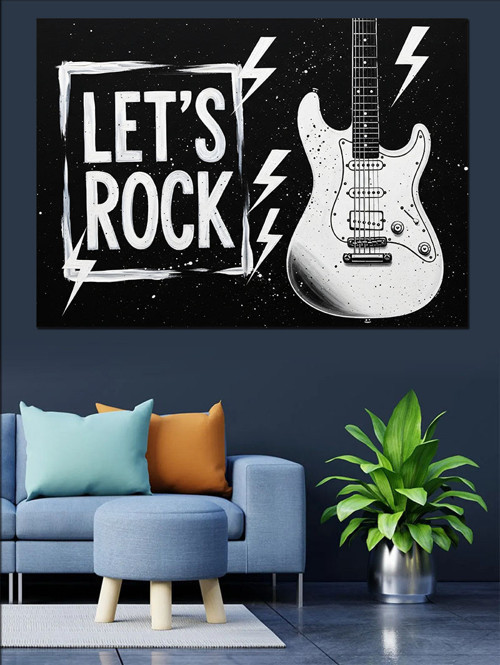 "Let'S Rock" Sloganlı Rock Müzik Elektro Gitar Dekoratif Kanvas - Mdf Ahşap Tablo