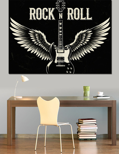Rock 'N' Roll Kartal Kanatlı Gitar Amblemi Dekoratif Kanvas - Mdf Ahşap Tablo