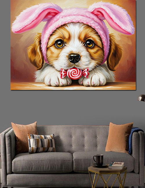 Pembe Kulaklı Köpek Yavrusu Dekoratif Kanvas - Mdf Ahşap Tablo