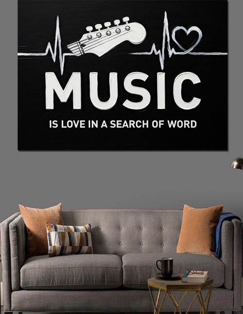 Müzik Kalp Atışı Yazısı Dekoratif Kanvas - Mdf Ahşap Tablo