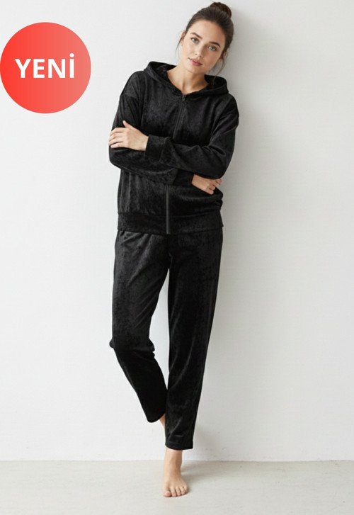 Kadın Kadife Spor Pijama Takımı – Fermuarlı, Kapüşonlu, Cepli, Siyah / İndigo (Petrol Mavisi)