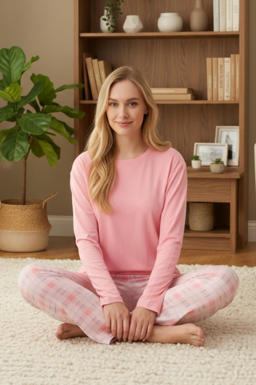 Kadın Bisiklet Yaka Pembe Ekose Pijama Takımı