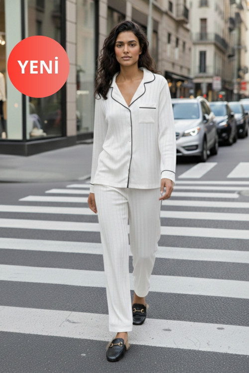Kadın Uzun Kollu Saten Pijama Takımı – Gömlek Yaka, Biyeli, Cepli, Beyaz / Siyah, Kışlık
