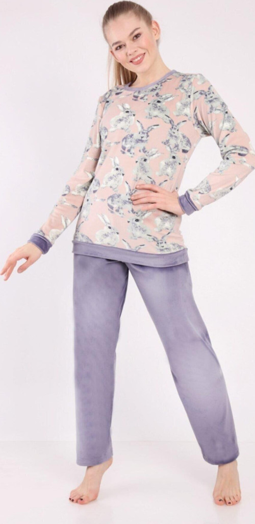Kadın Mor Süper Soft Pijama Takımı Tavşan Desenli