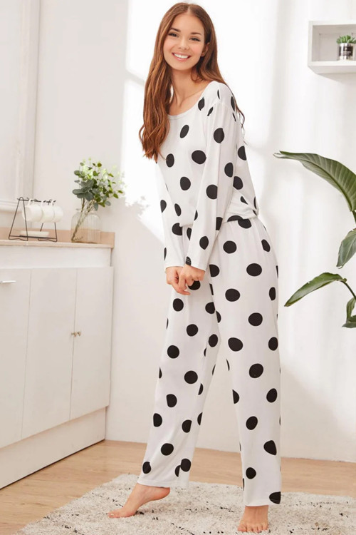 Kadın 1760 Puantiyeli Pijama Takımı – Beyaz-Siyah, Bisiklet Yaka