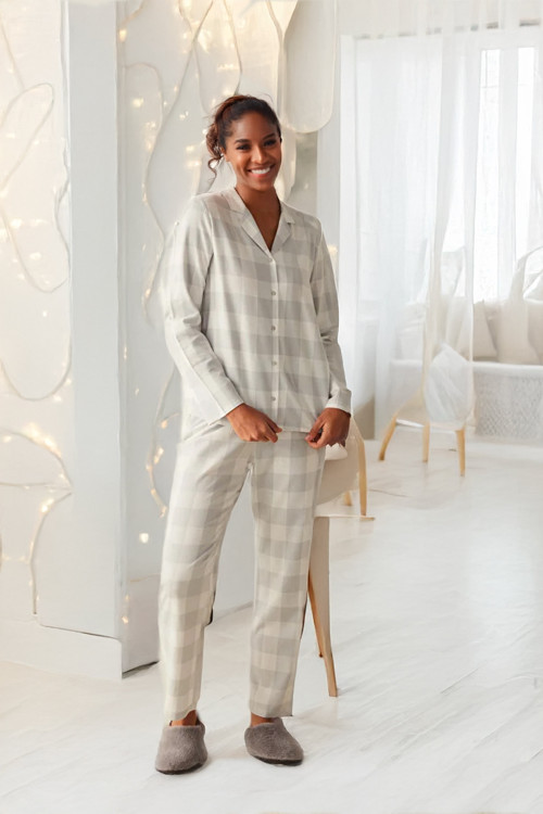 Kadın 1767 Pötikare Pijama Takımı – Uzun Kollu, Düğmeli - Gri