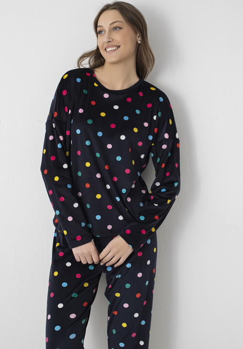 Kadın 1746 Pijama Takımı – Renkli Puantiye Desenli, Süpersoft Kumaş, Rahat ve Modern - Lacivert
