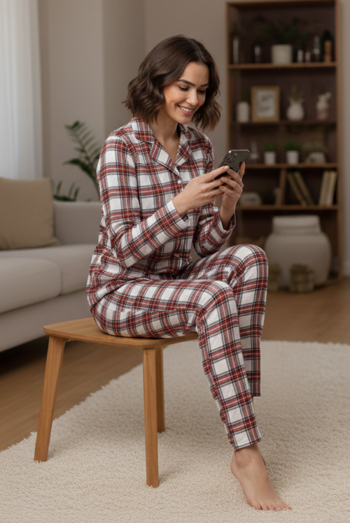 Kadın 1755 Ekose Desen Düğmeli Pijama Takımı -Çok Renkli
