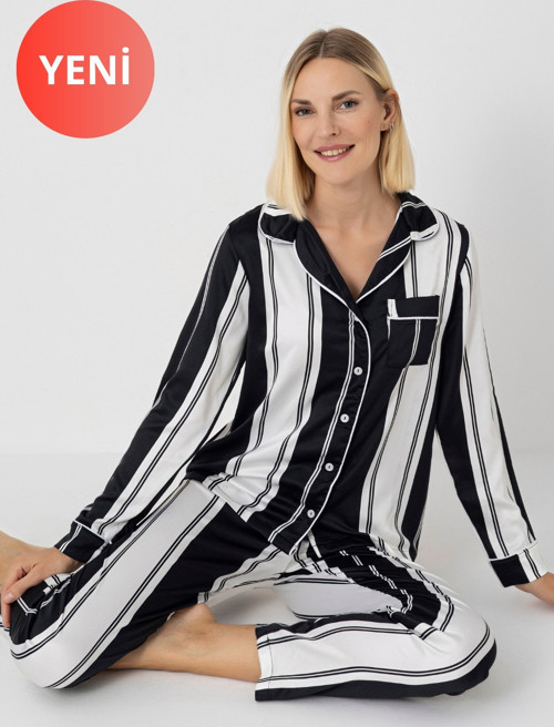 Kadın Uzun Kollu Saten Pijama Takımı – Siyah Beyaz Çizgili, Gömlek Yaka, Biyeli, Kışlık