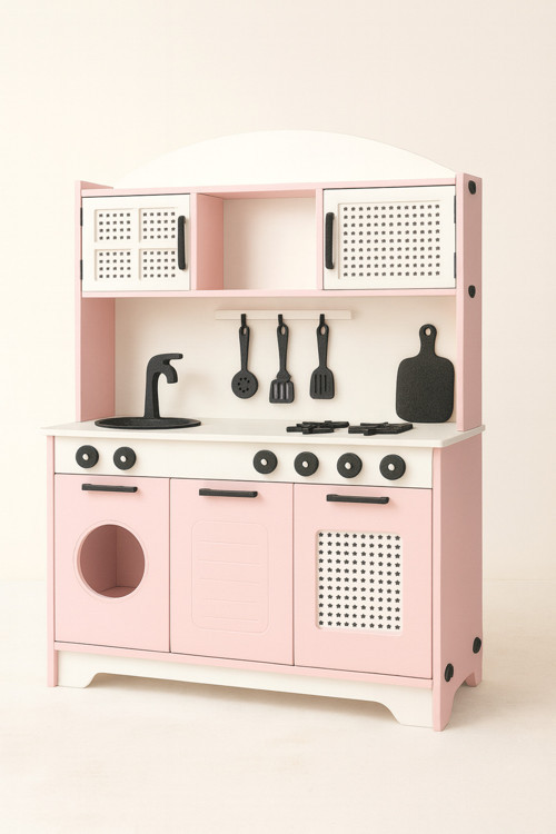 Pembe Ahşap Oyuncak Mutfak Seti – 12 Parça Aksesuar Dahil | Çocuk Oyun Mutfağı, Sağlam Ahşap Tasarım