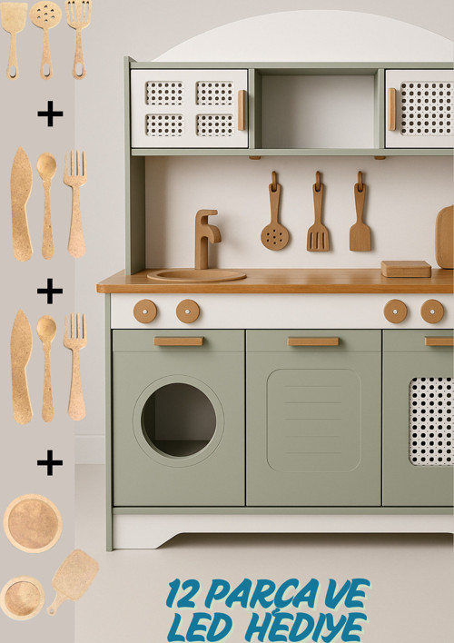 Mini Şef Ahşap Mutfak 12 Parça Servis Seti ve Led Hediyeli