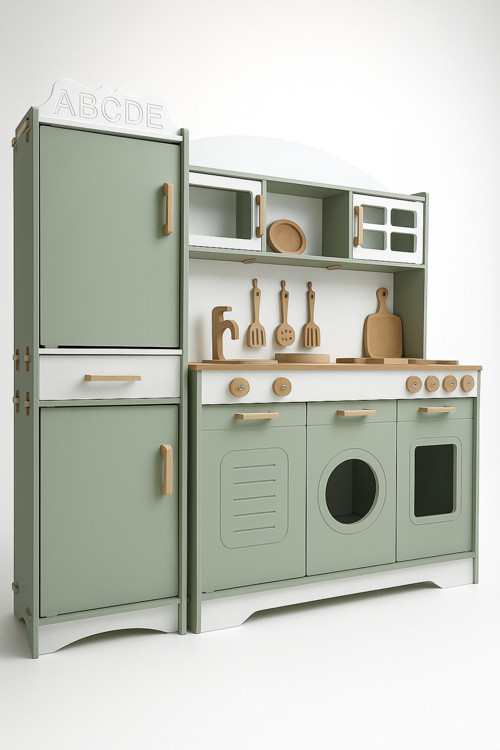 Ihlamur Yeşili Ahşap Oyuncak Mutfak Seti | 12 Parça Aksesuar Hediyeli | LED Işıklı–Montessori Uyumlu