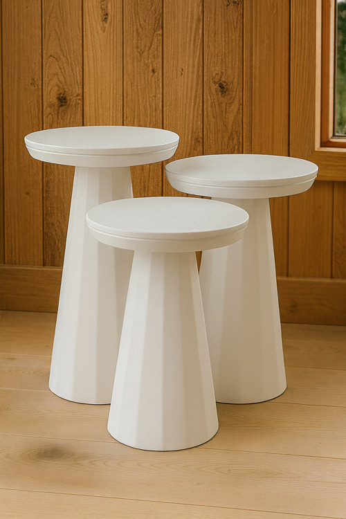 Beyaz Modern Ahşap Mantar Yan Sehpa – 3’lü Dekoratif Zigon Takımı