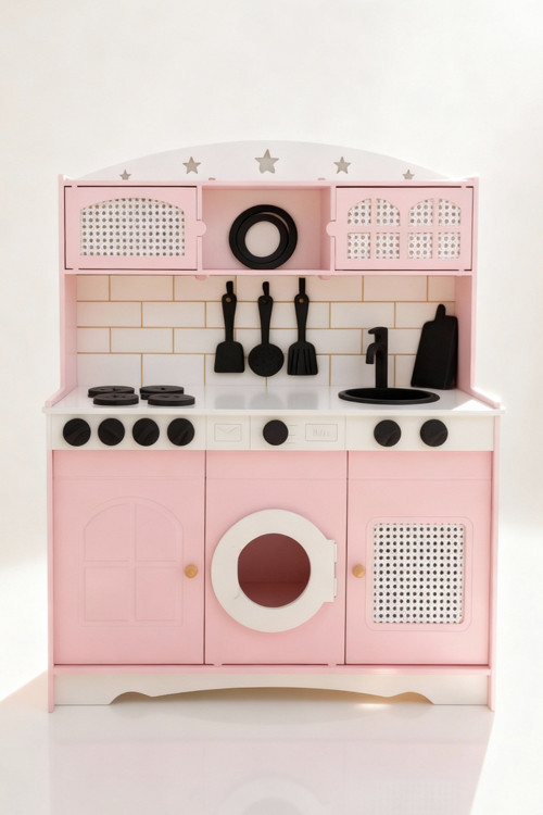 Ahşap Oyuncak Mutfak Seti – Pembe | Çocuk Oyun Mutfağı, Led ve Aksesuar Dahil | Montessori Rol Oyun