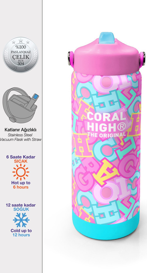 Pembe Su Yeşili Harf Desenli Katlanır Ağızlıklı Çelik Termos 650 ml 38323