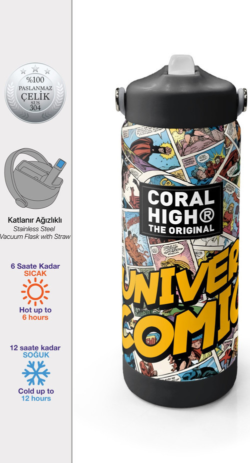 Çizgi Roman Desenli Katlanır Ağızlıklı Çelik Termos 650 ml 38315