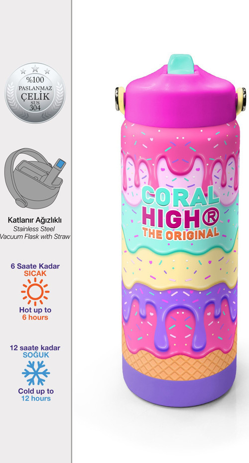 Pembe Rengarenk Katlanır Ağızlıklı Çelik Termos 650 ml 38377