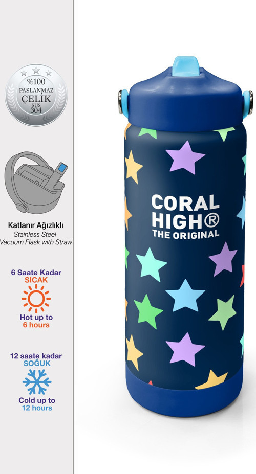 Lacivert Renkli Yıldız Desenli Katlanır Ağızlıklı Çelik Termos 650 ml 38309