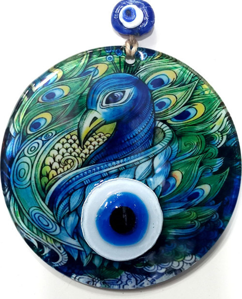 Tavus Kuşu Desenli Füzyon Cam Nazar Boncuklu El Yapımı 12 Santimetre Çapında Duvar Süsü