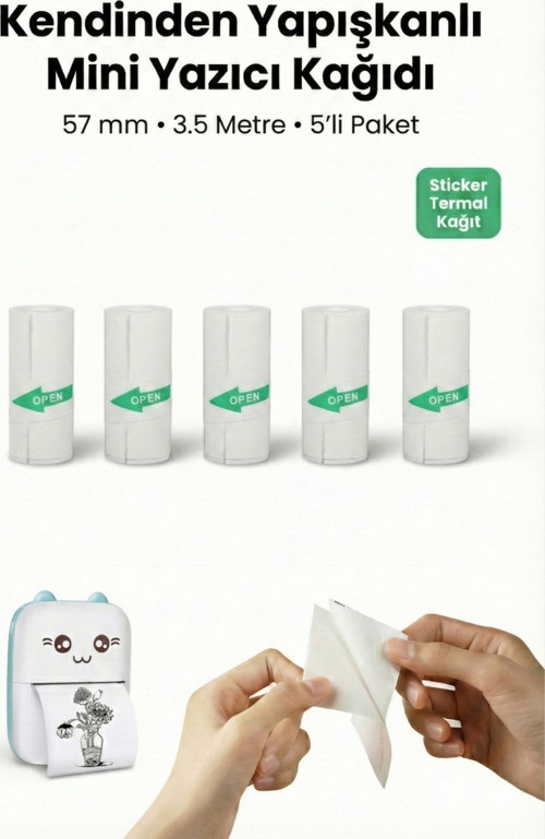 5’li Kendinden Yapışkanlı Mini Termal Yazıcı Kağıdı 57 mm (3.5 m) – Sticker Termal Rulo