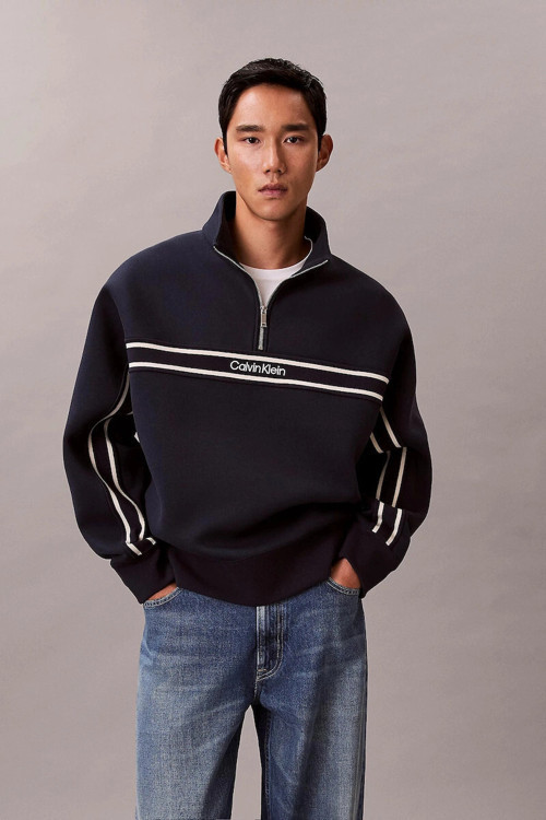Uzun Kollu Pamuklu Spacer Çizgili Fitilli Yarım Fermuarlı Erkek Siyah Sweatshirt LV04RE