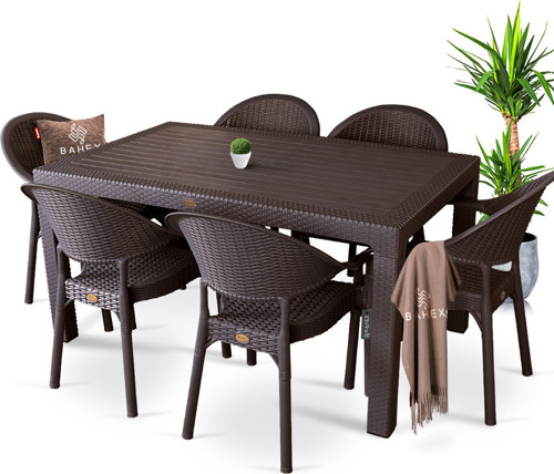 Bambu Pro 90x150cm Rattan Bahçe Balkon Masa Takımı 6 Kişilik Camsız Set Kahverengi