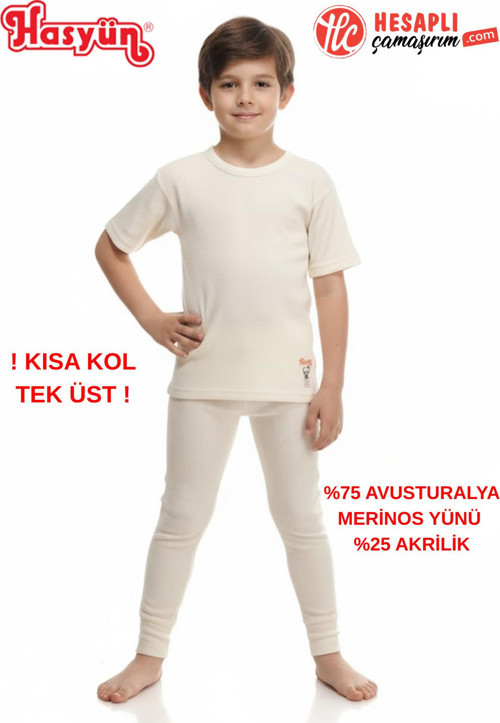 Unisex Çocuk %75 Yün Sıcak Tutan Tene Batmaz Kısa Kollu Yün Tek İçlik