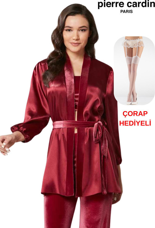 Kadın 3'lü Kadife Croplu Sabahlıklı Saten Pijama Takım Çorap Hediyeli